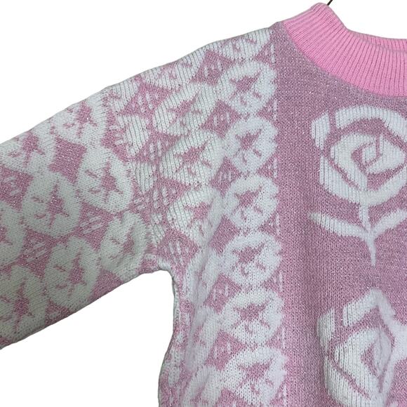 VTG 80s 90s Private Eyes pink white silver rose pattern mock neck sweater MEDIUM - Picture 4 of 7